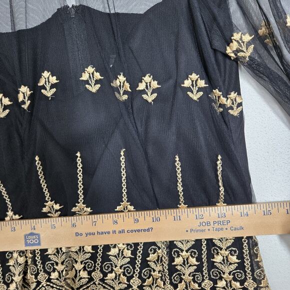 VTG Night Way Midi Dress Sz 6 Black Mesh Chiffon Handkerchief Hem Embroidered - Picture 12 of 15